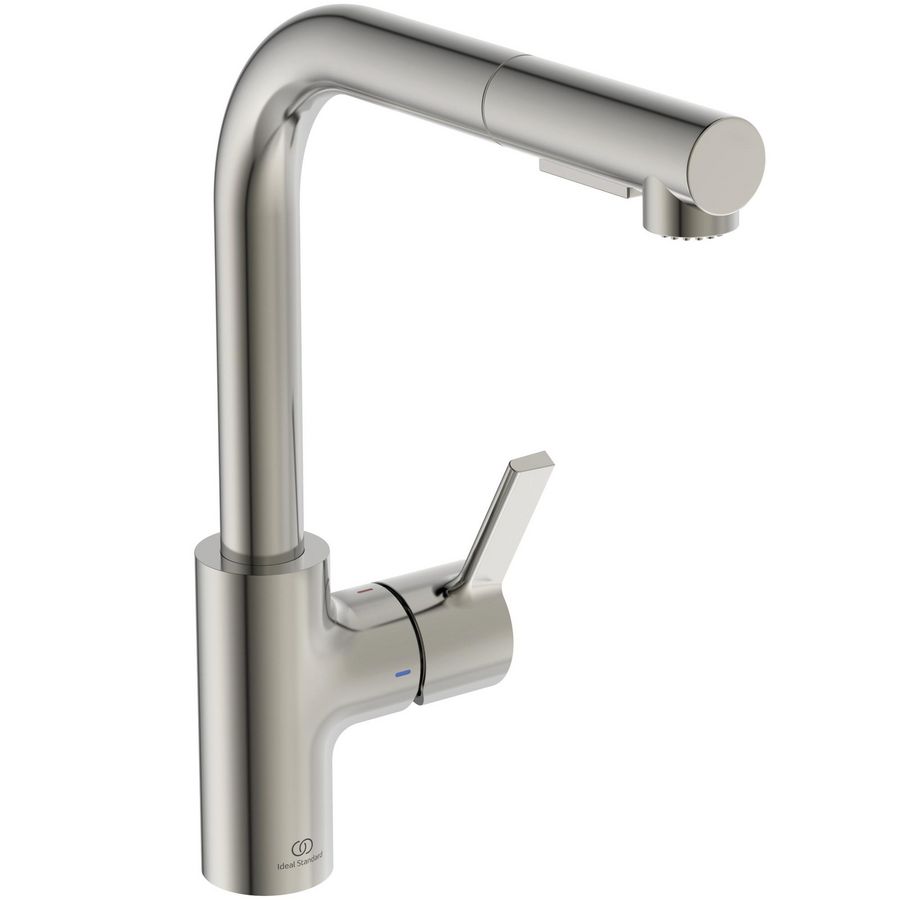 Keukenmengkraan m. hoge l-uit. uittrek hand 2f silver storm (rvs-look) Gusto