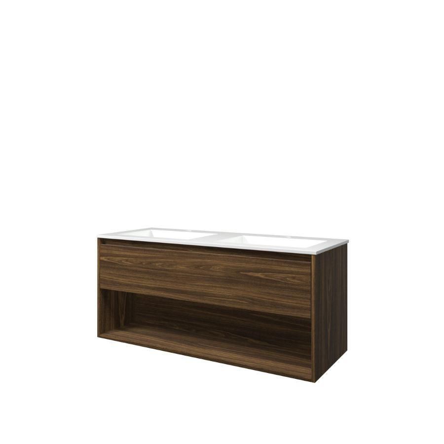 Set Proline polystone Elegant dubb. wastafel glans wit met 2 kraangaten onderkast 1x lade+schap cabana oak 120x46cm