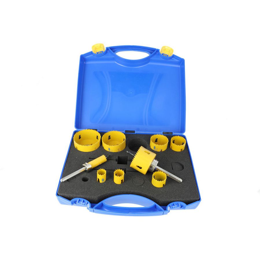 BiMetal PLUS gatzagenset in koffer 19-22-25-35-43-51-60-68-76mm regelmatige tand met geïnt. adapters en div. centreerboren