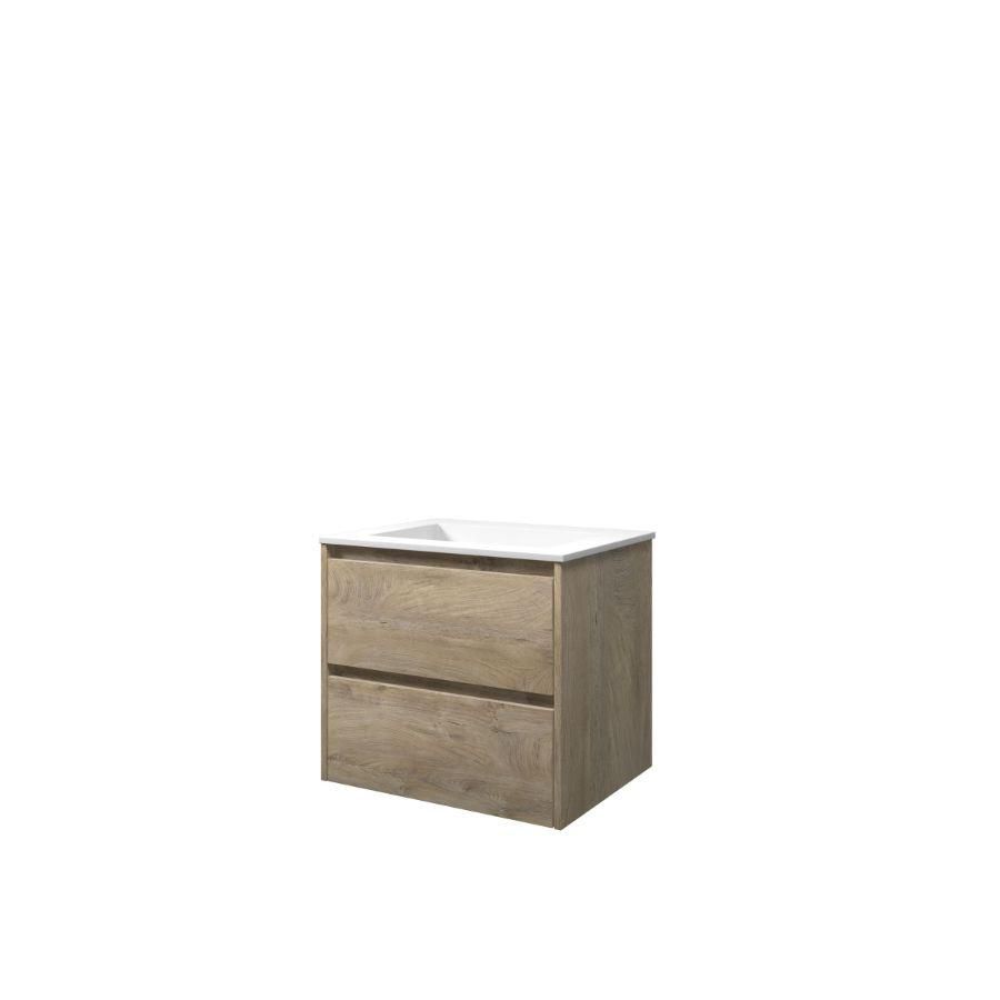 Set Proline polystone Elegant wastafel mat wit zonder kraangat onderkast symmetrisch raw oak 60x46cm