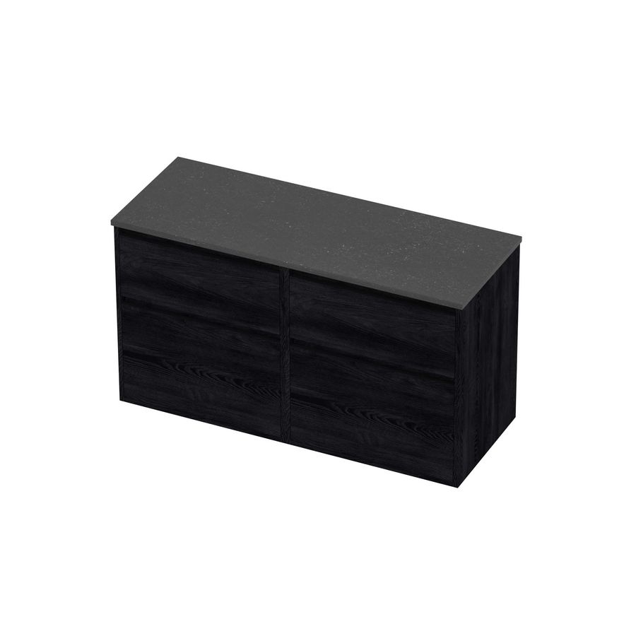 Deck Set Top afdekplaat hardsteen en onderkast greeploos 4 laden a-symmetrisch in kader 1200x460x670mm Blue stone/Black oak