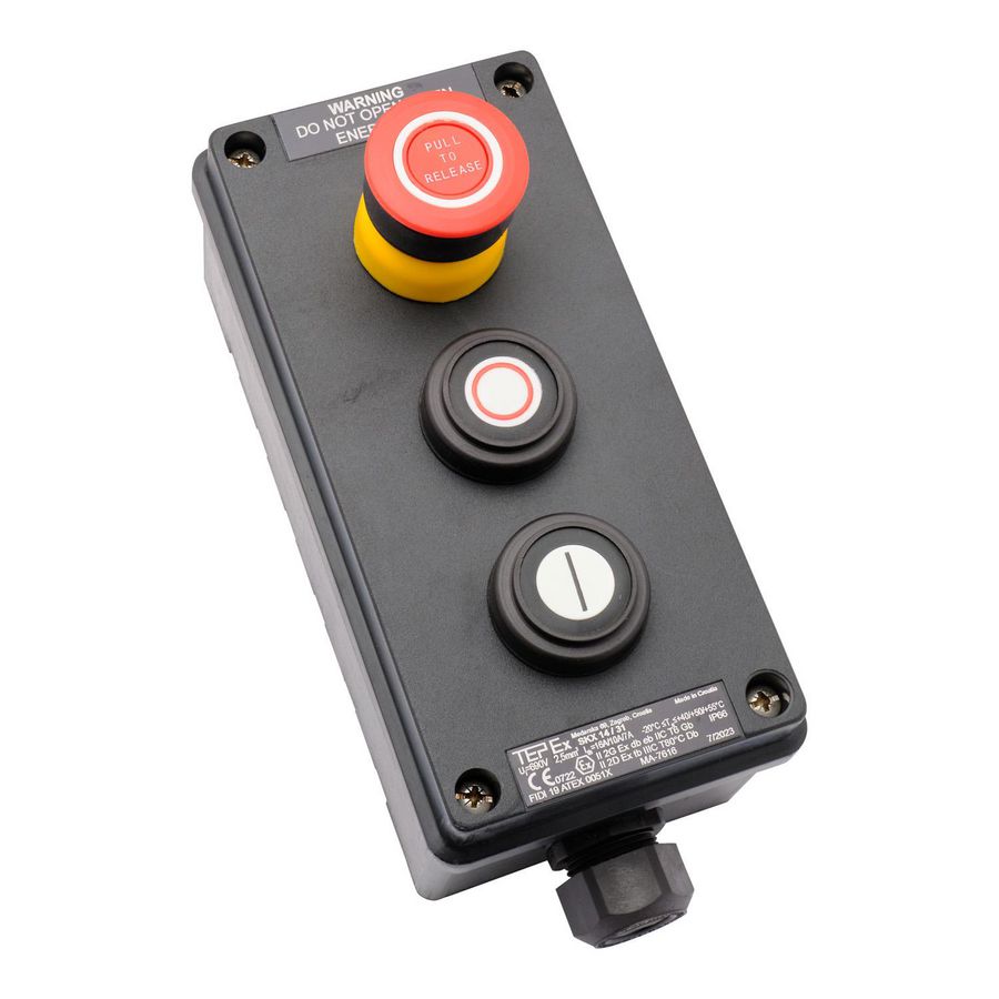 ATEX Drukknopkast zone 1/21 2 knoppen 1 noodstop IP66 1xM25