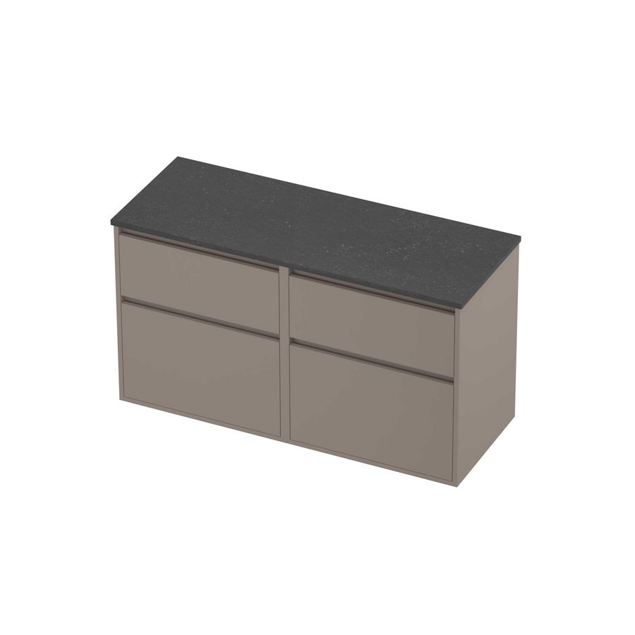 Deck Set Top afdekplaat hardsteen en onderkast greeploos 4 laden a-symmetrisch in kader 1200x460x670mm Blue stone/Clay beige
