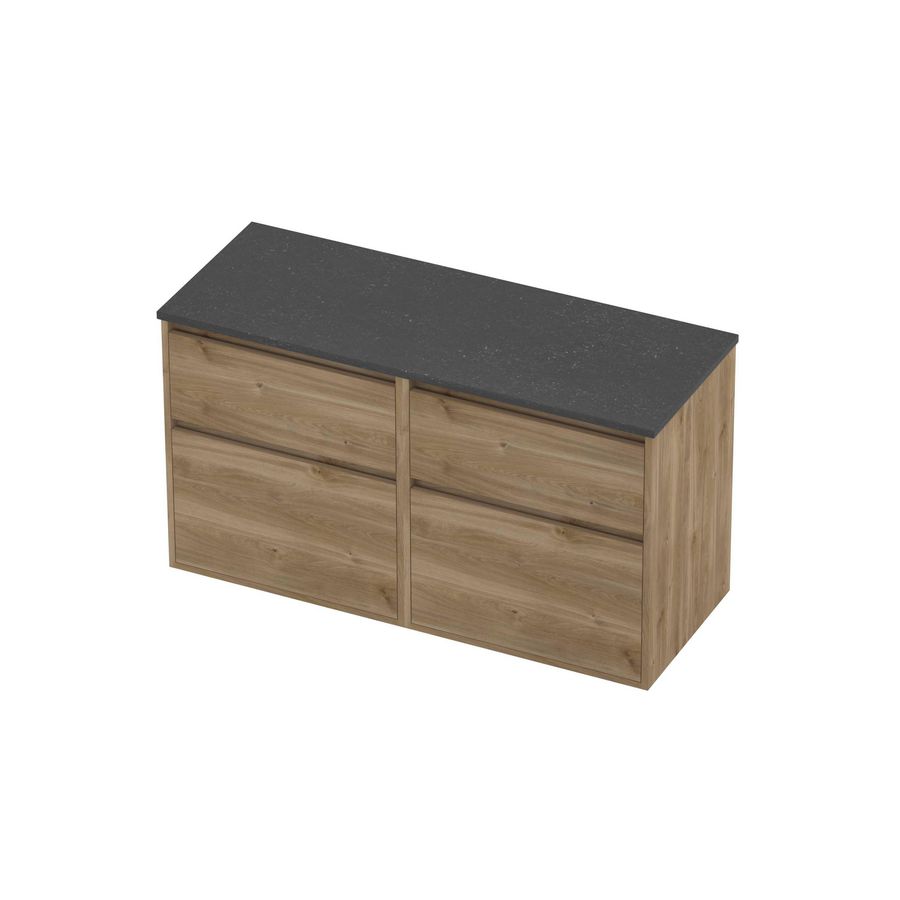 Deck Set Top afdekplaat hardsteen en onderkast greeploos 4 laden a-symmetrisch in kader 1200x460x670mm Blue stone/Cider oak