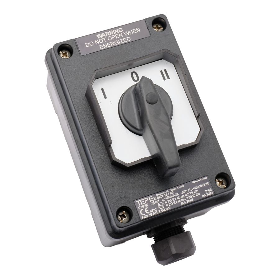 ATEX Omschakelaar zone 1/21 I-0-II 16A 2P opbouw IP66 1xM25