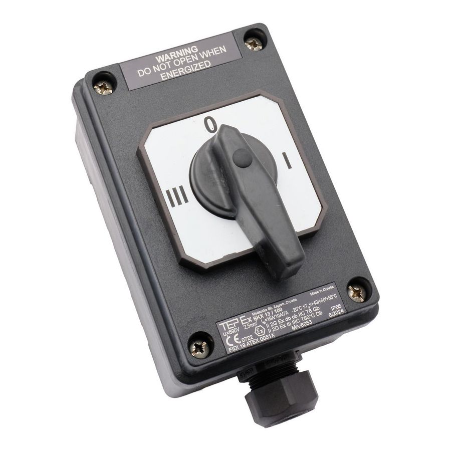 ATEX Keuzeschakelaar zone 1/21 0-I-II-III 16A opbouw IP66 1x