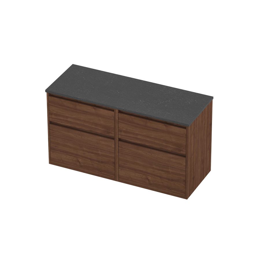 Deck Set Top afdekplaat hardsteen en onderkast greeploos 4 laden a-symmetrisch in kader 1200x460x670mm Blue stone/Indian walnut