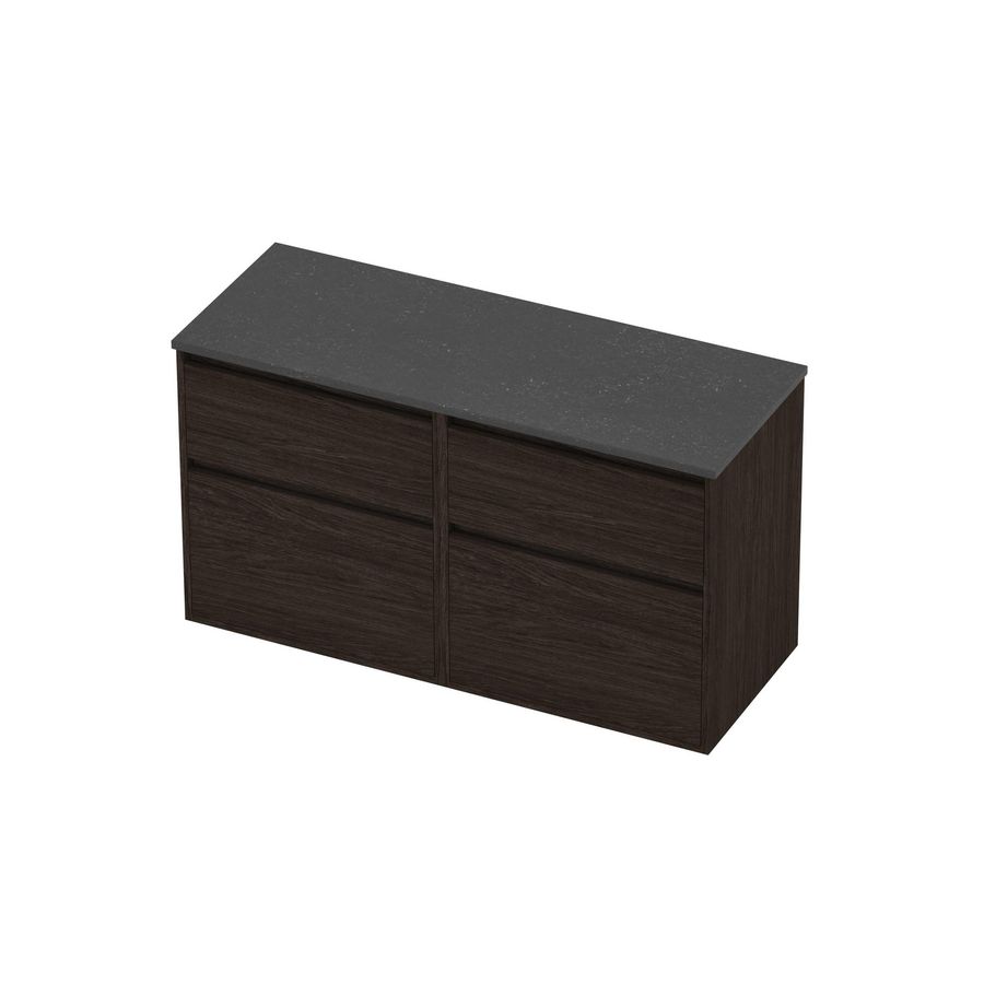 Deck Set Top afdekplaat hardsteen en onderkast greeploos 4 laden a-symmetrisch in kader 1200x460x670mm Blue stone/Mokka oak