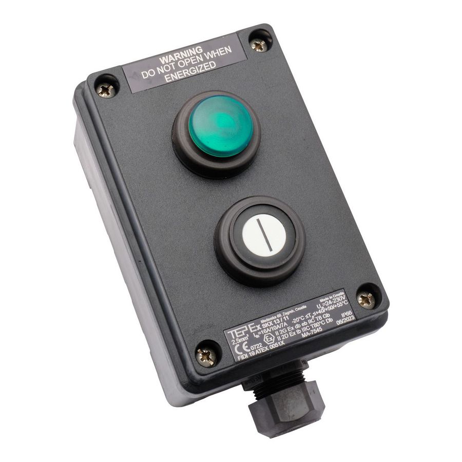 ATEX Drukknopkast zone 1/21 1 knop 1 lamp groen IP66 1xNO/NC