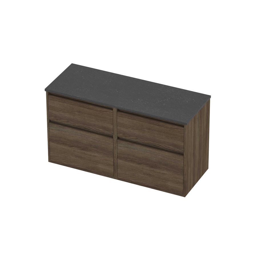 Deck Set Top afdekplaat hardsteen en onderkast greeploos 4 laden a-symmetrisch in kader 1200x460x670mm Blue stone/Vital oak