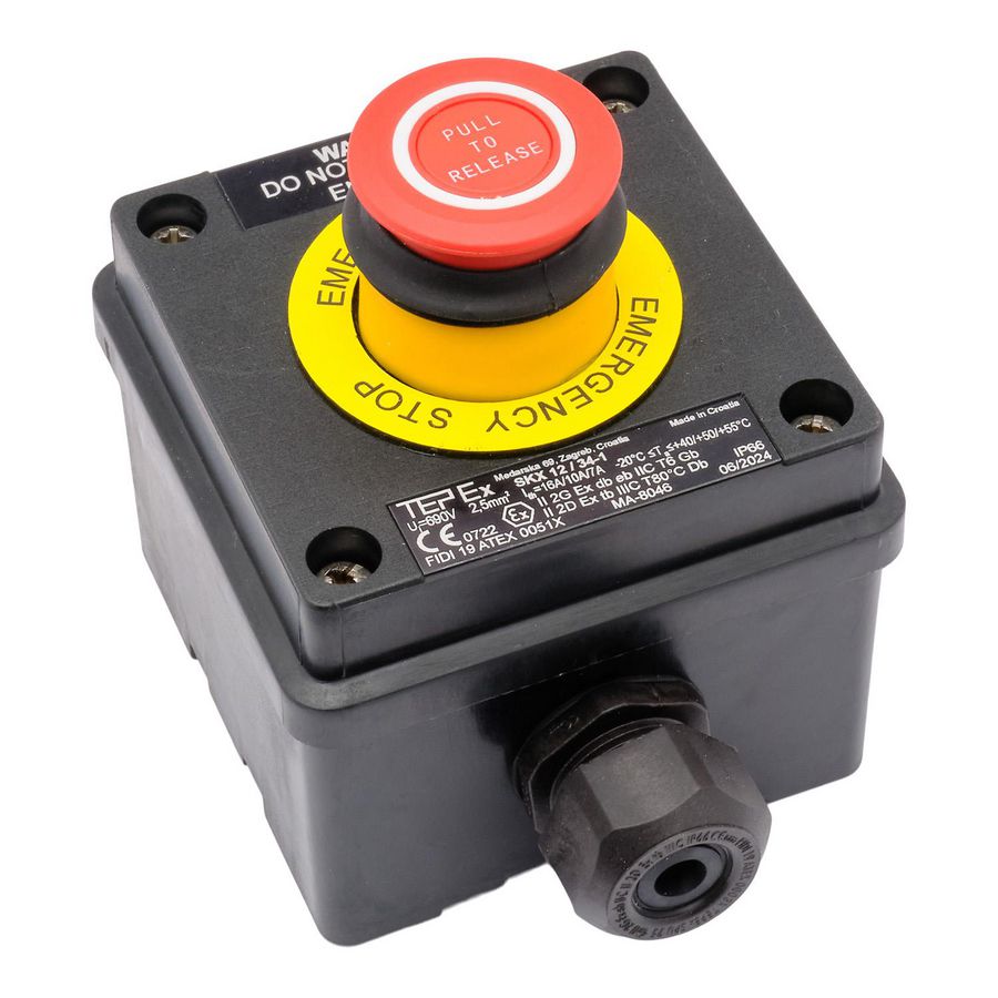 ATEX Noodstop zone 1/21 met tekst-ring opbouw 1xNO/NC 1xM25