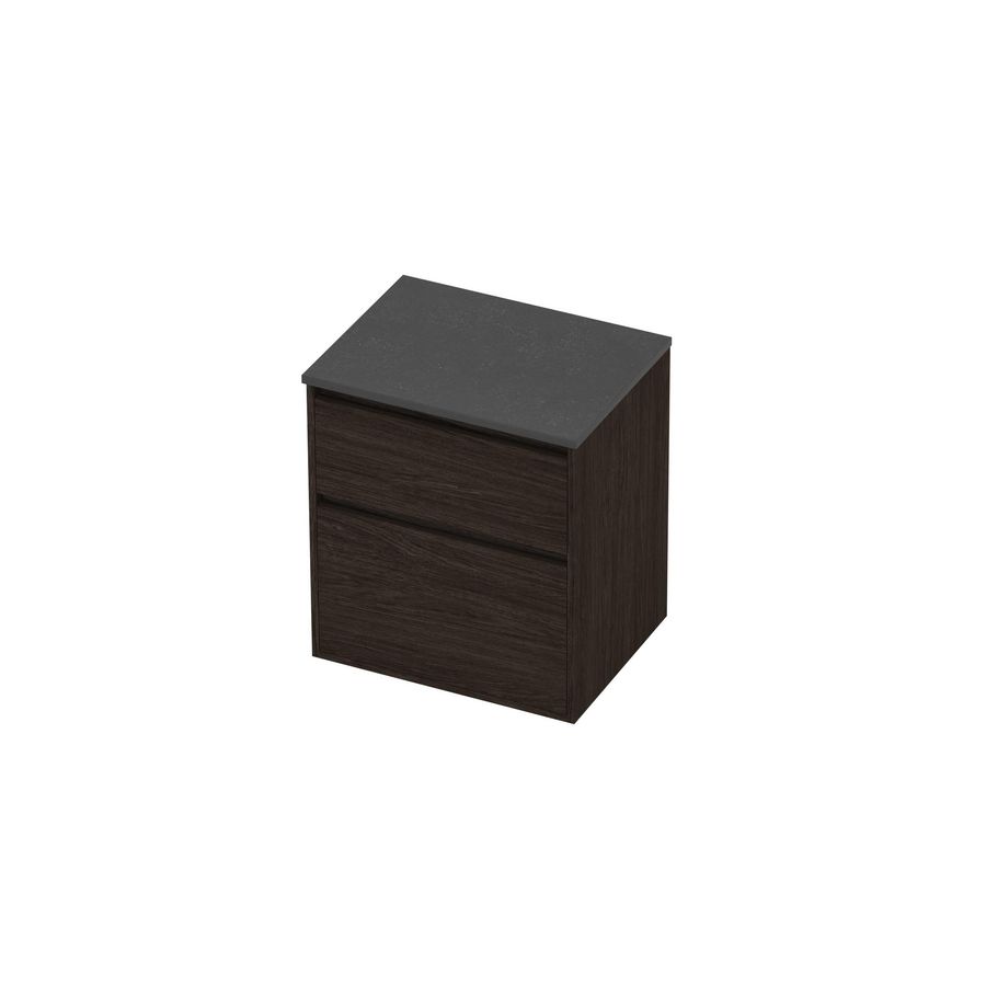 Deck Set Top afdekplaat hardsteen en onderkast greeploos 2 laden a-symmetrisch in kader 600x460x670mm Blue stone/Mokka oak
