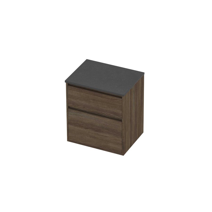 Deck Set Top afdekplaat hardsteen en onderkast greeploos 2 laden a-symmetrisch in kader 600x460x670mm Blue stone/Vital oak
