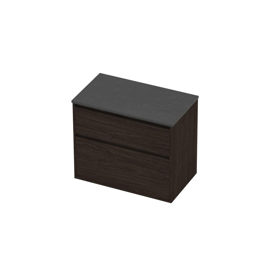Deck Set Top afdekplaat hardsteen en onderkast greeploos 2 laden a-symmetrisch in kader 800x460x670mm Blue stone/Mokka oak