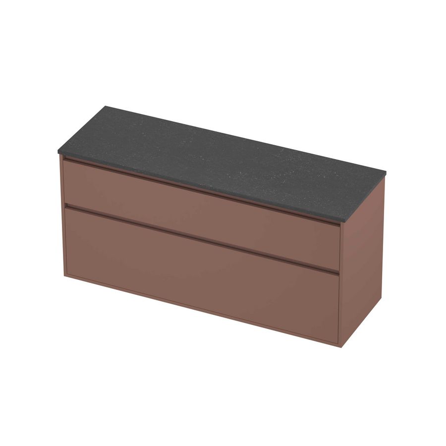 Deck Set Top afdekplaat hardsteen en onderkast greeploos 2 laden a-symmetrisch in kader 1400x460x670mm Blue stone/Beauty blush