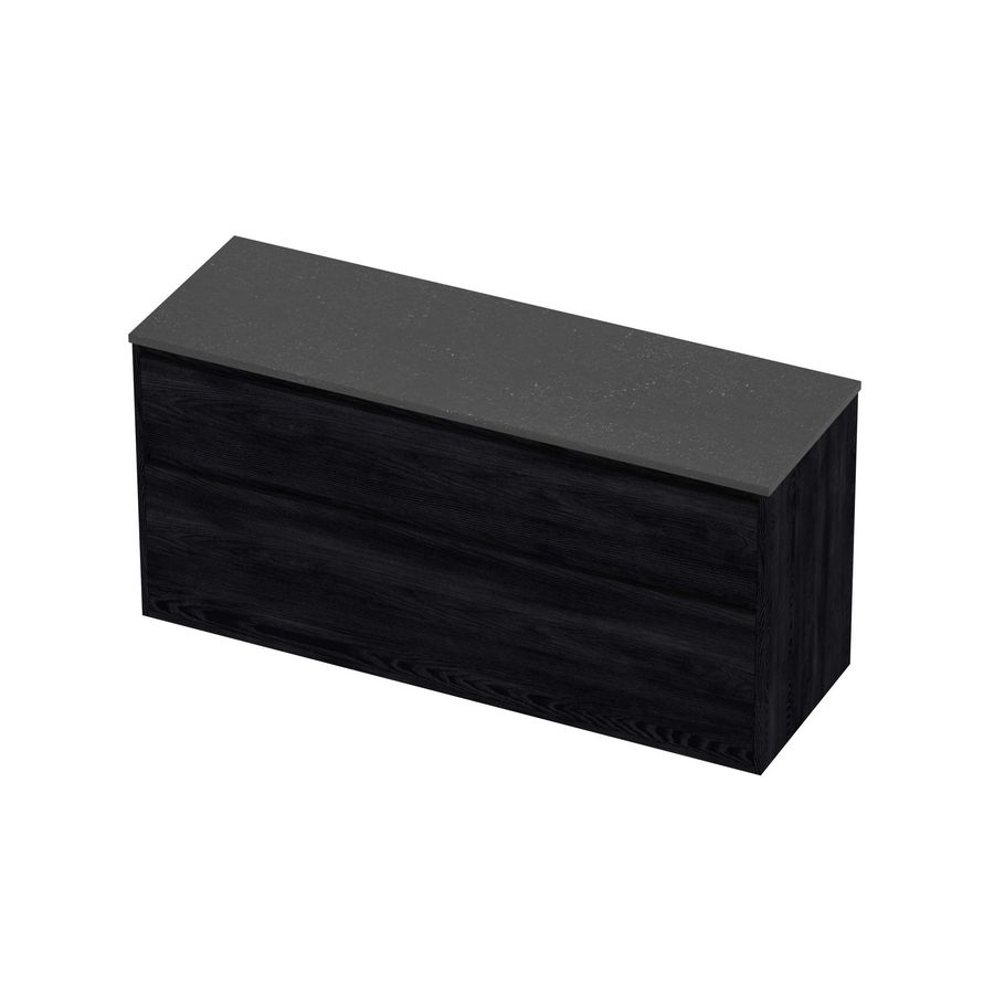 Deck Set Top afdekplaat hardsteen en onderkast greeploos 2 laden a-symmetrisch in kader 1400x460x670mm Blue stone/Black oak