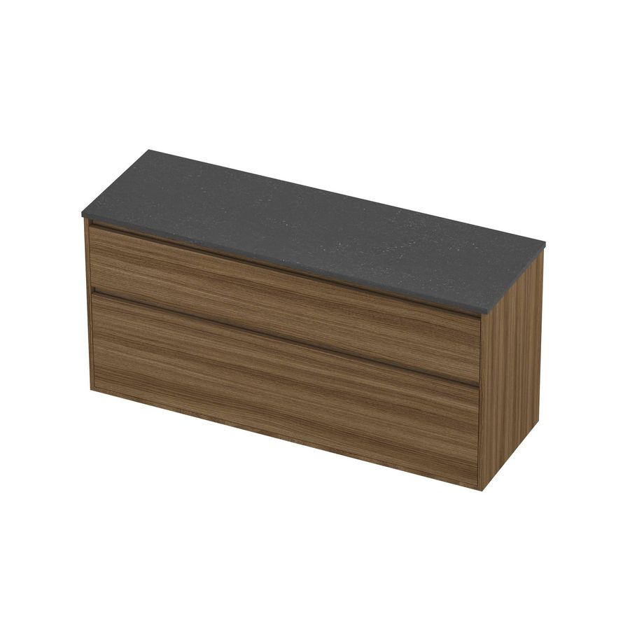 Deck Set Top afdekplaat hardsteen en onderkast greeploos 2 laden a-symmetrisch in kader 1400x460x670mm Blue stone/Caramel walnut