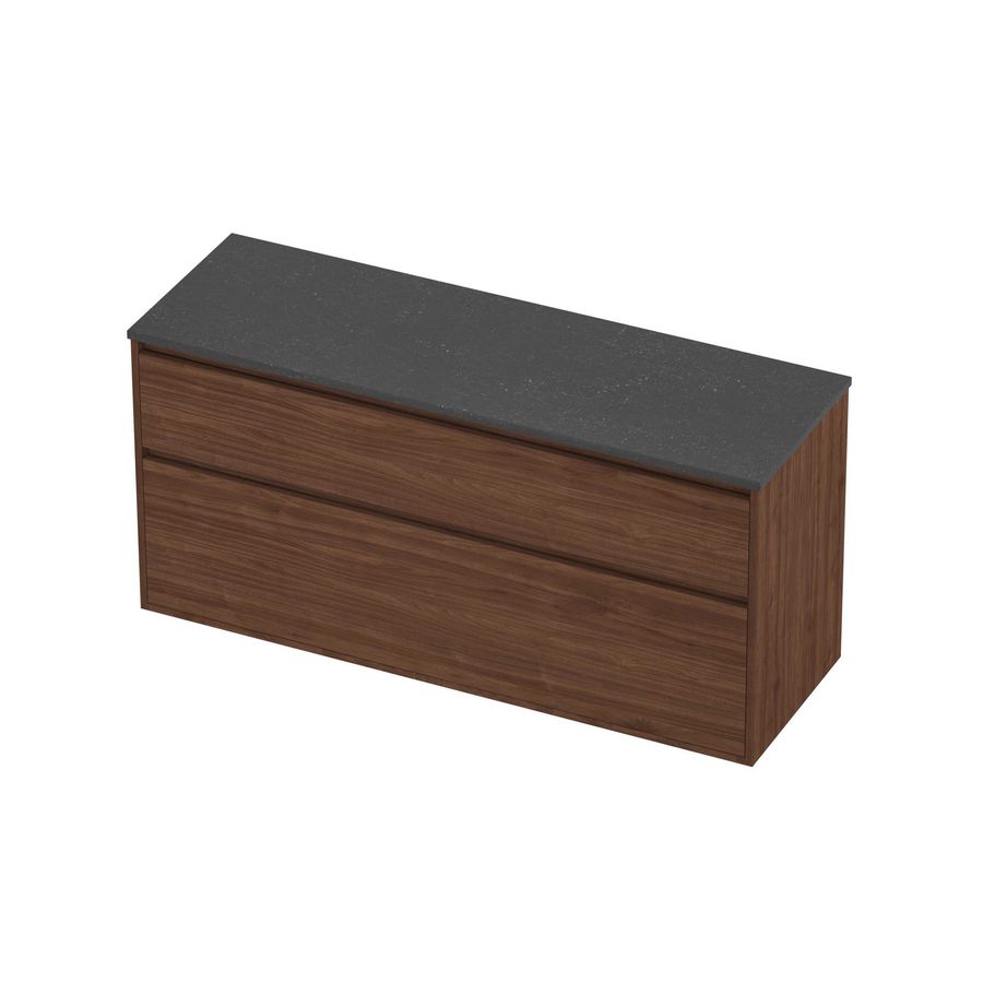 Deck Set Top afdekplaat hardsteen en onderkast greeploos 2 laden a-symmetrisch in kader 1400x460x670mm Blue stone/Indian walnut