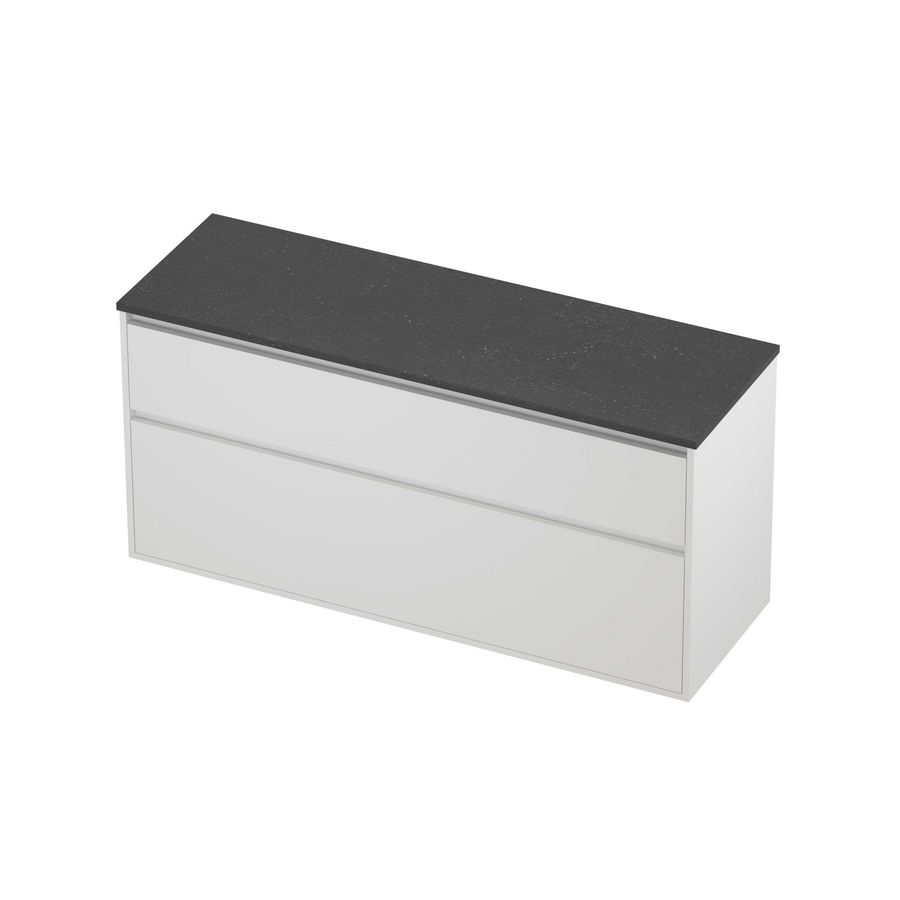 Deck Set Top afdekplaat hardsteen en onderkast greeploos 2 laden a-symmetrisch in kader 1400x460x670mm Blue stone/matt white