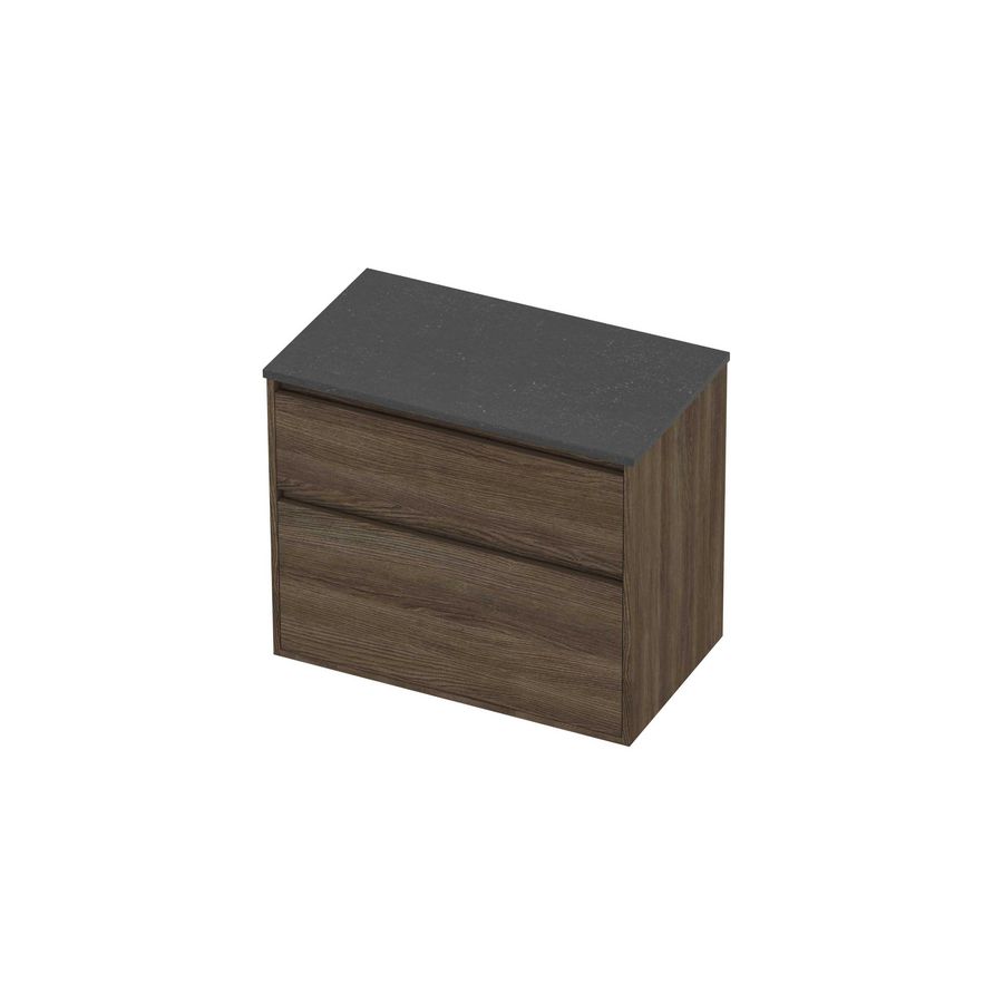 Deck Set Top afdekplaat hardsteen en onderkast greeploos 2 laden a-symmetrisch in kader 800x460x670mm Blue stone/Vital oak