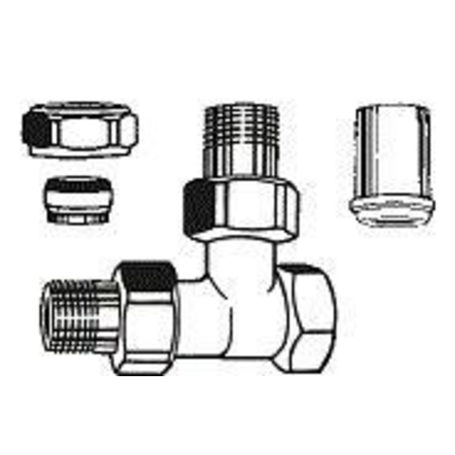 T-stuk DN15(Rp1/2") Bypass klemkoppelingdia 15mm.