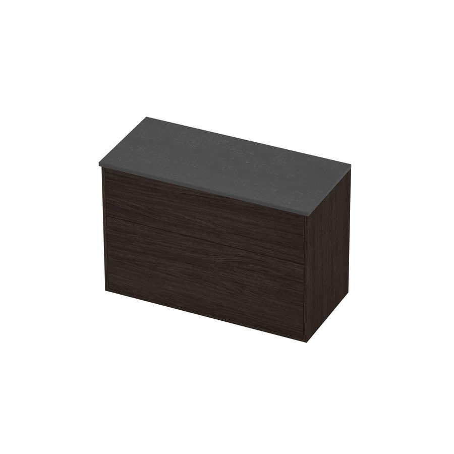 Deck Set Top afdekplaat hardsteen en onderkast tbv grepen 2 laden a-symmetrisch in kader 1000x460x670mm Blue stone/Mokka oak