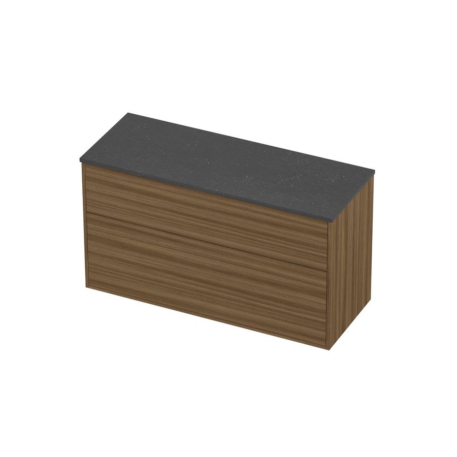 Deck Set Top afdekplaat hardsteen en onderkast tbv grepen 2 laden a-symmetrisch in kader 1200x460x670mm Blue stone/Caramel walnut