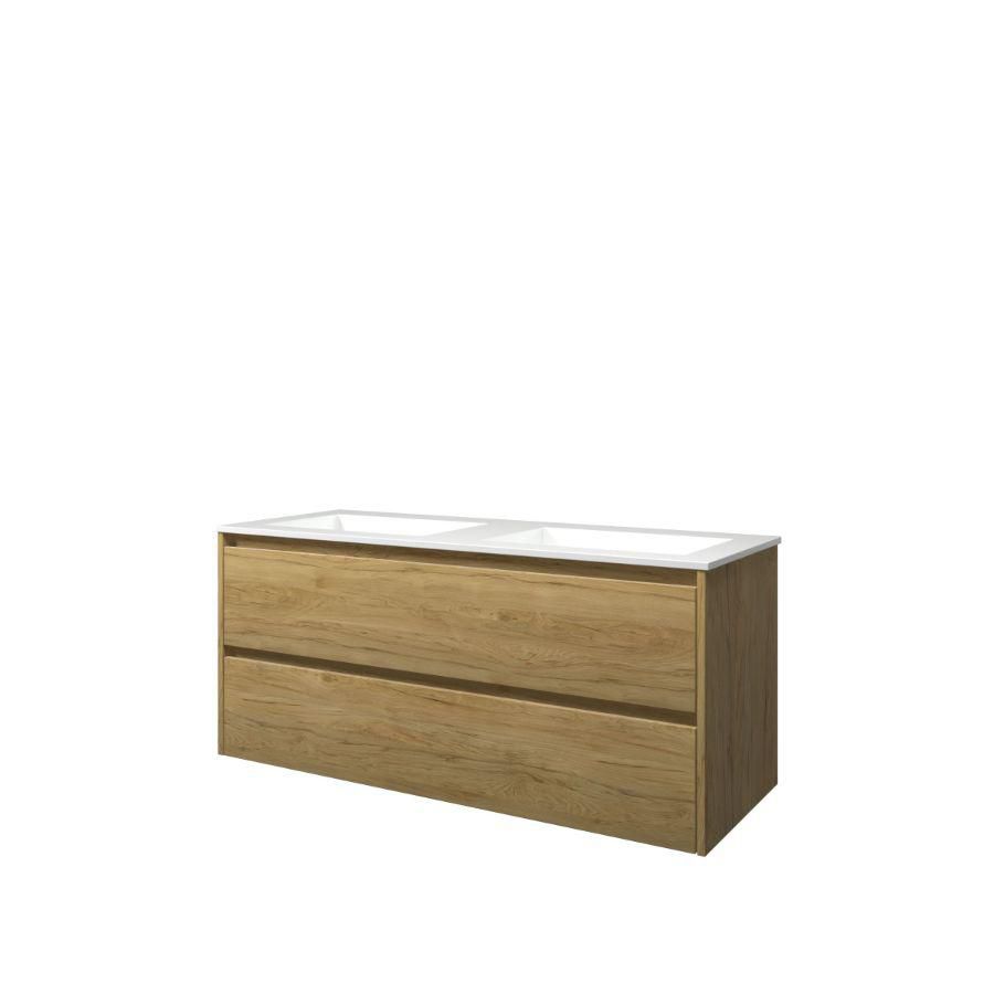 Set Proline polystone Elegant dubb. wastafel glans wit zonder kraangat onderkast symmetrisch Ideal oak 120x46cm