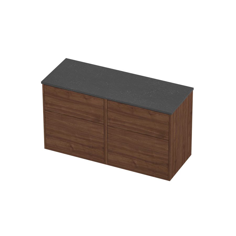 Deck Set Top afdekplaat hardsteen en onderkast tbv grepen 4 laden a-symmetrisch in kader 1200x460x670mm Blue stone/Indian walnut