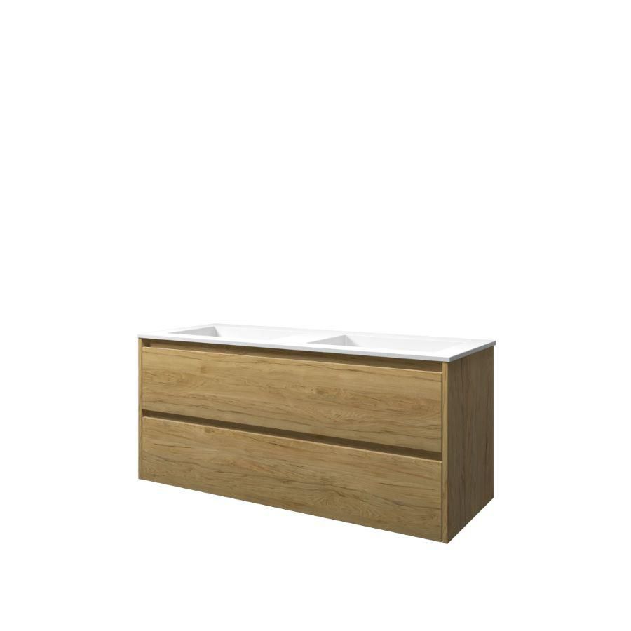 Set Proline polystone Elegant dubb. wastafel mat wit zonder kraangat onderkast symmetrisch Ideal oak 120x46cm