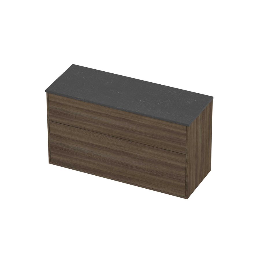 Deck Set Top afdekplaat hardsteen en onderkast tbv grepen 2 laden a-symmetrisch in kader 1200x460x670mm Blue stone/Vital oak
