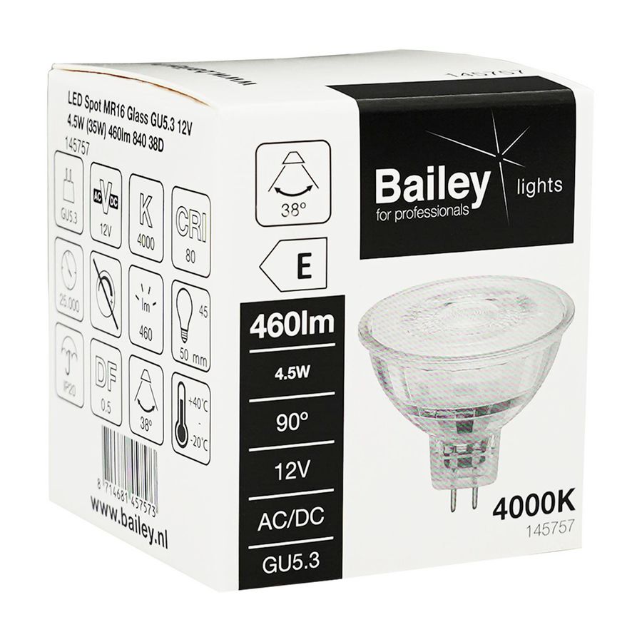 LED-lamp MR16 Glass spot GU5.3 12V 4.5W 35W 460lm 840 38D