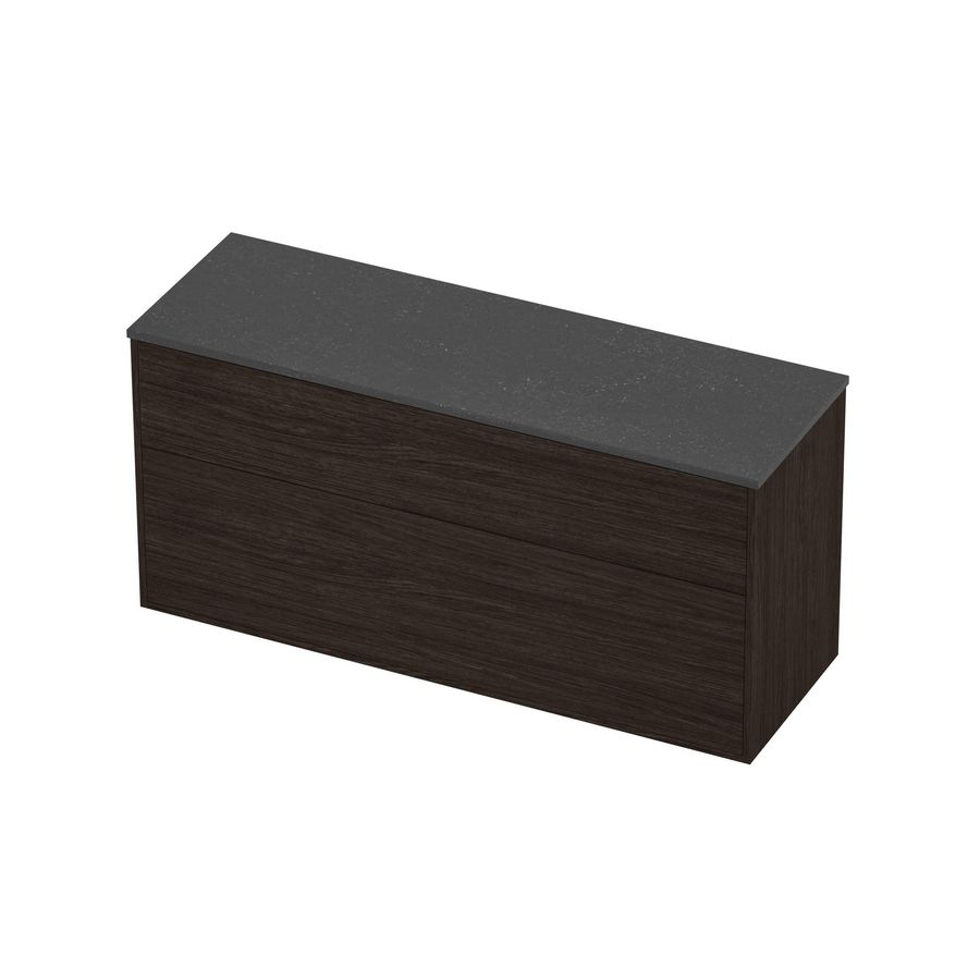 Deck Set Top afdekplaat hardsteen en onderkast tbv grepen 2 laden a-symmetrisch in kader 1400x460x670mm Blue stone/Mokka oak