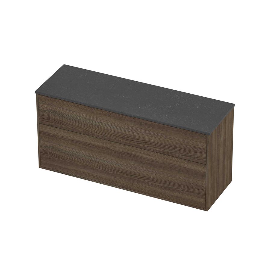 Deck Set Top afdekplaat hardsteen en onderkast tbv grepen 2 laden a-symmetrisch in kader 1400x460x670mm Blue stone/Vital oak