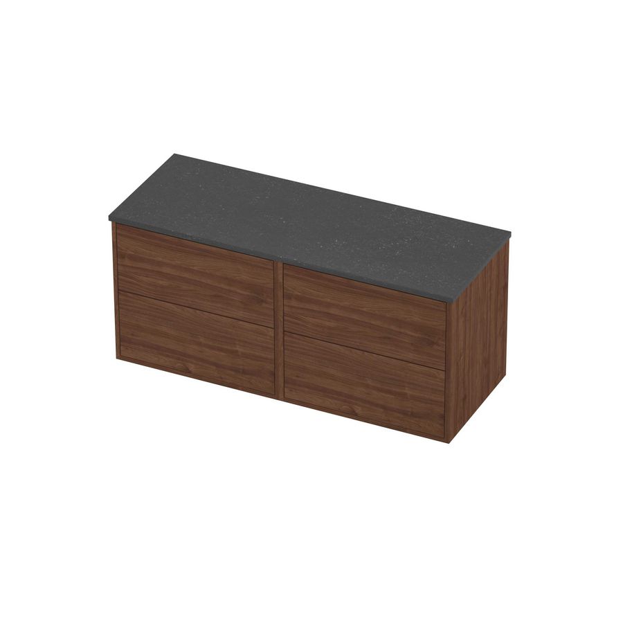 Deck Set Top afdekplaat hardsteen en onderkast tbv grepen 4 laden symmetrisch in kader 1200x460x540mm Blue stone/Indian walnut