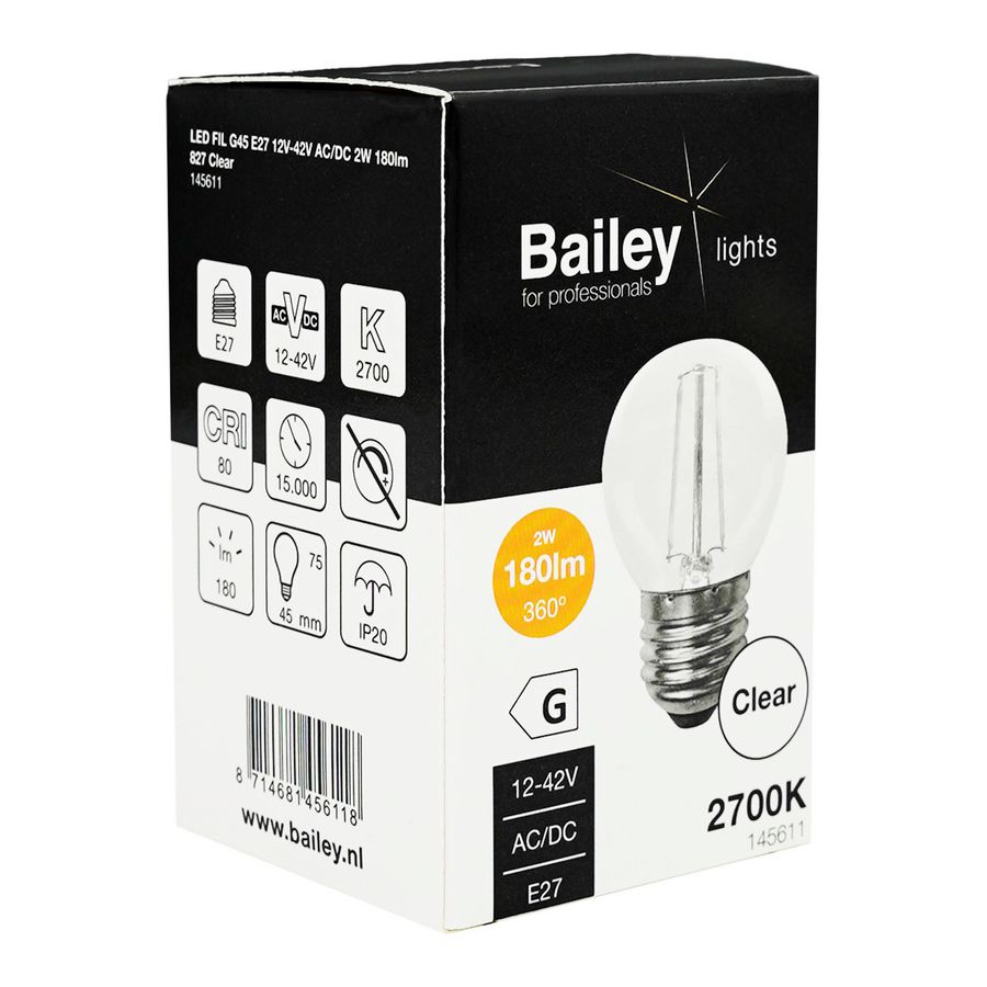 LED-lamp G45 FIL E27 12V-42V AC/DC 2W 180lm (18W) 827 helder