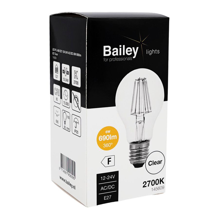 LED-lamp A60 FIL E27 12V-24V AC/DC 6W 690lm 53W 827 helder