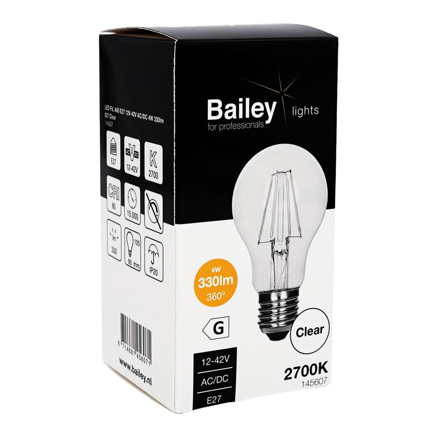 LED-lamp A60 FIL E27 12V-42V AC/DC 4W 330lm 30W 827 helder