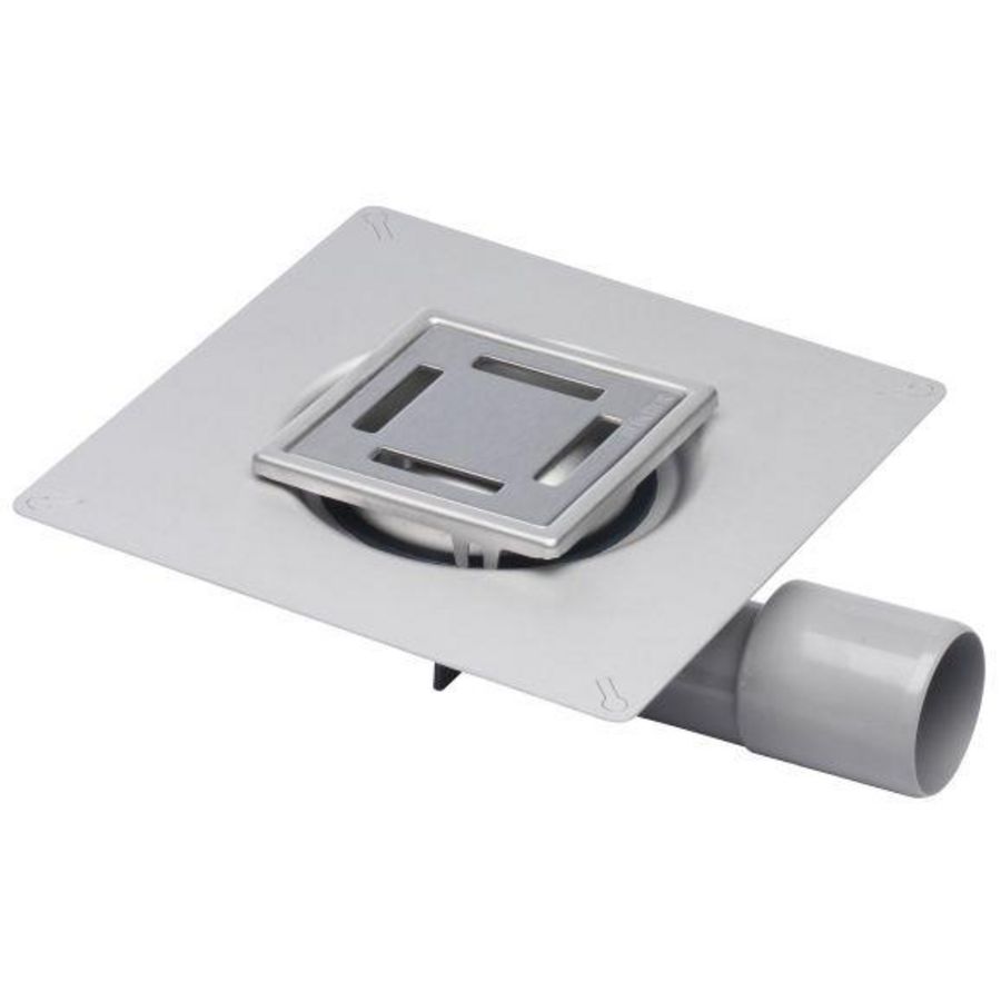 Vloerput Compact sleuf RVS304 97x97mm onderaansluiting 40mm zijaansluiting 40/50mm flens hoogte niet verstelbaar