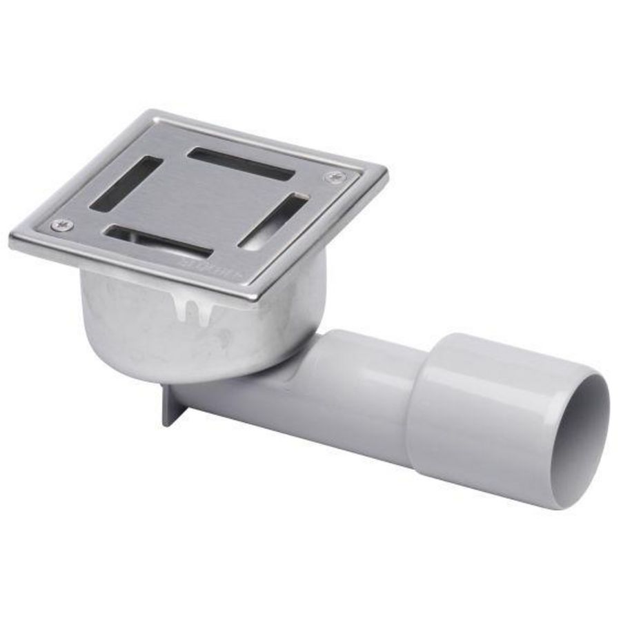 Vloerput Compact sleuf RVS304 97x97mm onderaansluiting 40mm zijaansluiting 40/50mm vastschroefbaar hoogte niet verstelbaar