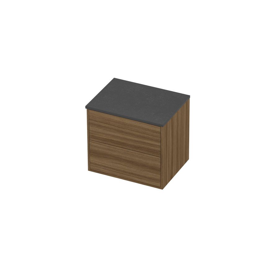 Deck Set Top afdekplaat hardsteen en onderkast tbv grepen 2 laden symmetrisch in kader 600x460x540mm Blue stone/Caramel walnut