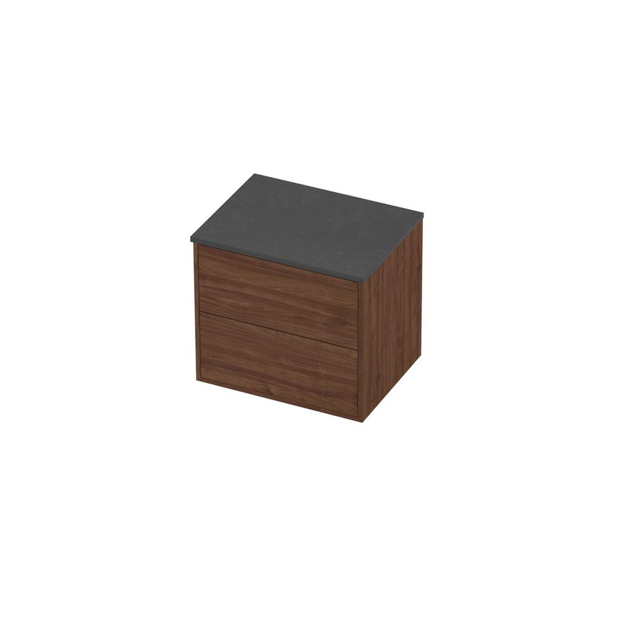 Deck Set Top afdekplaat hardsteen en onderkast tbv grepen 2 laden symmetrisch in kader 600x460x540mm Blue stone/Indian walnut