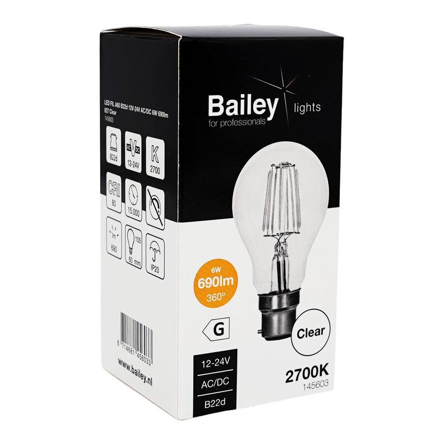 LED-lamp A60 FIL B22d 12V-24V AC/DC 6W 690lm 53W 827 helder