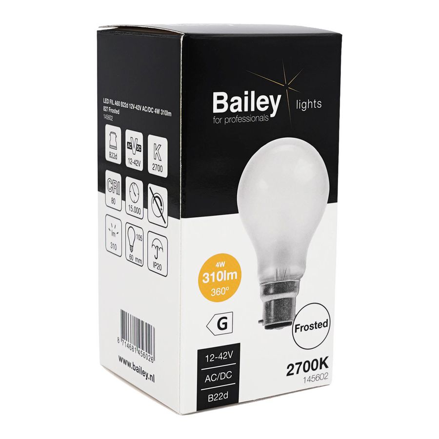 LED-lamp A60 FIL B22d 12V-42V AC/DC 4W 310lm 29W 827 Frosted