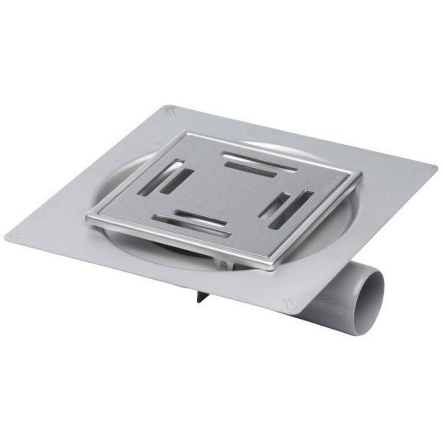 Vloerput Compact sleuf RVS304 147x147mm onderaansluiting /zijaansluiting  50mm flens hoogte niet verstelbaar