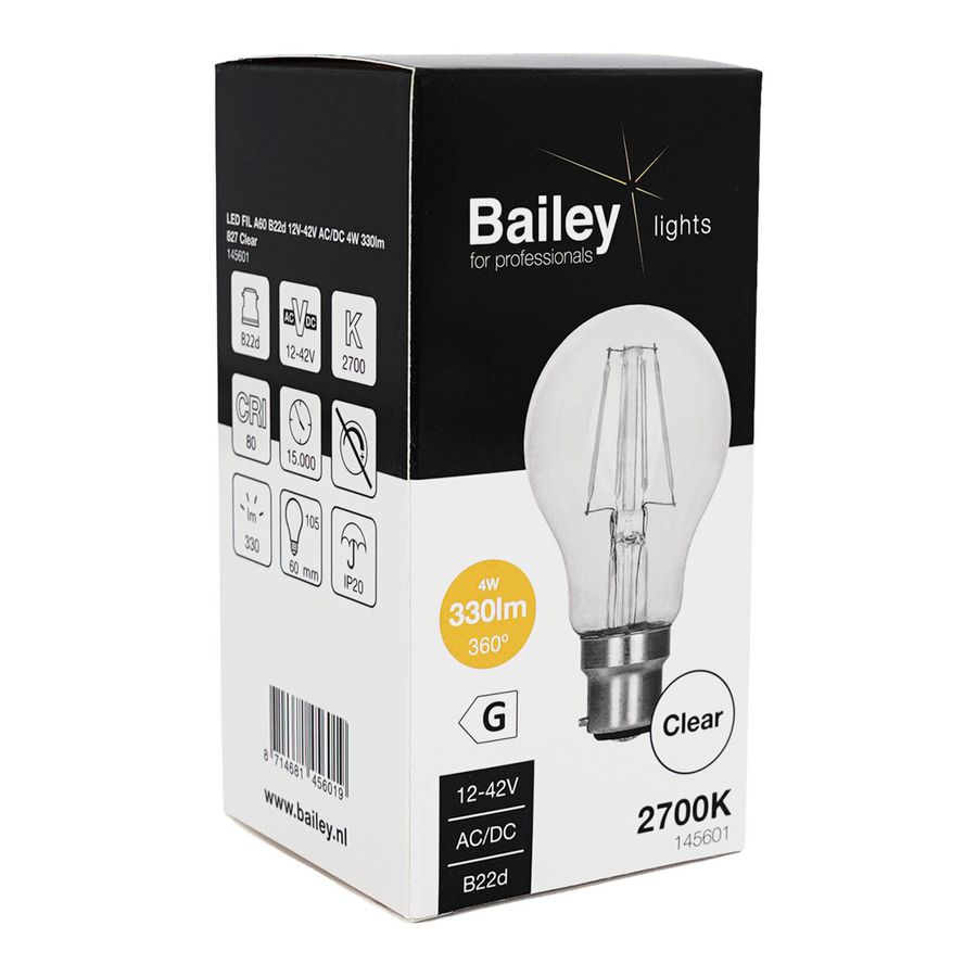 LED-lamp A60 FIL B22d 12V-42V AC/DC 4W 330lm 30W 827 helder