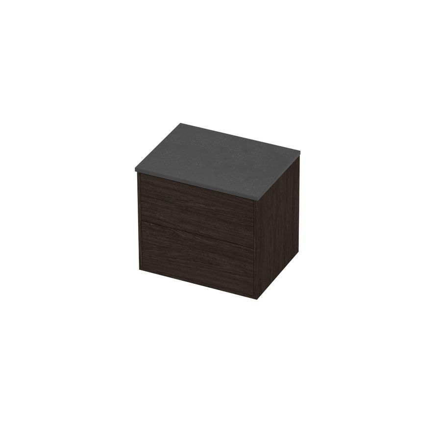Deck Set Top afdekplaat hardsteen en onderkast tbv grepen 2 laden symmetrisch in kader 600x460x540mm Blue stone/Mokka oak