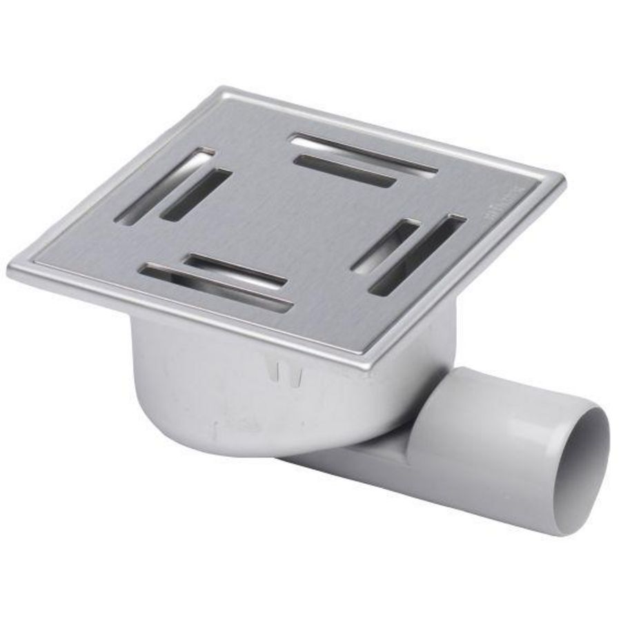 Vloerput Compact sleuf RVS304 147x147mm onderaansluiting /zijaansluiting  50mm waterslot  50mm hoogte niet verstelbaar