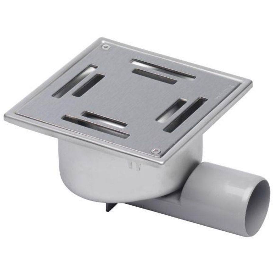Vloerput Compact sleuf RVS304 147x147mm onderaansluiting /zijaansluiting 50 waterslot 50mm vastschroefbaar hoogte niet verstelbaar