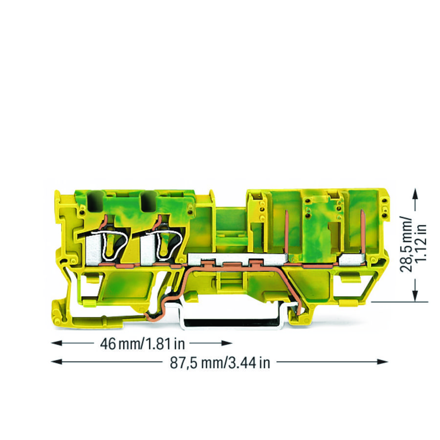 2-draads/2-pins PE-basisklem 4mm² draagrail 35x15/35 VVE=50